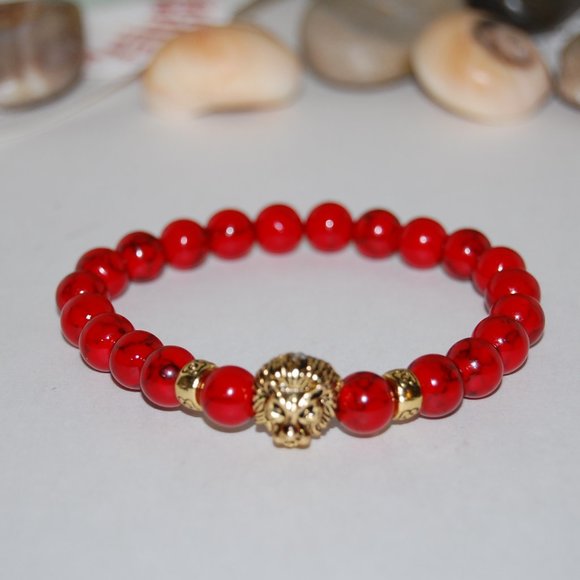 Lion Bracelet,Red Howlite Bracelet, 8mm Gemstone Beads,Red Lion Bracelet - Picture 3 of 3